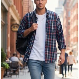 Specialty Collection Mens‎ Large Blue Red Plaid Acrylic Flannel Shirt L/S Button